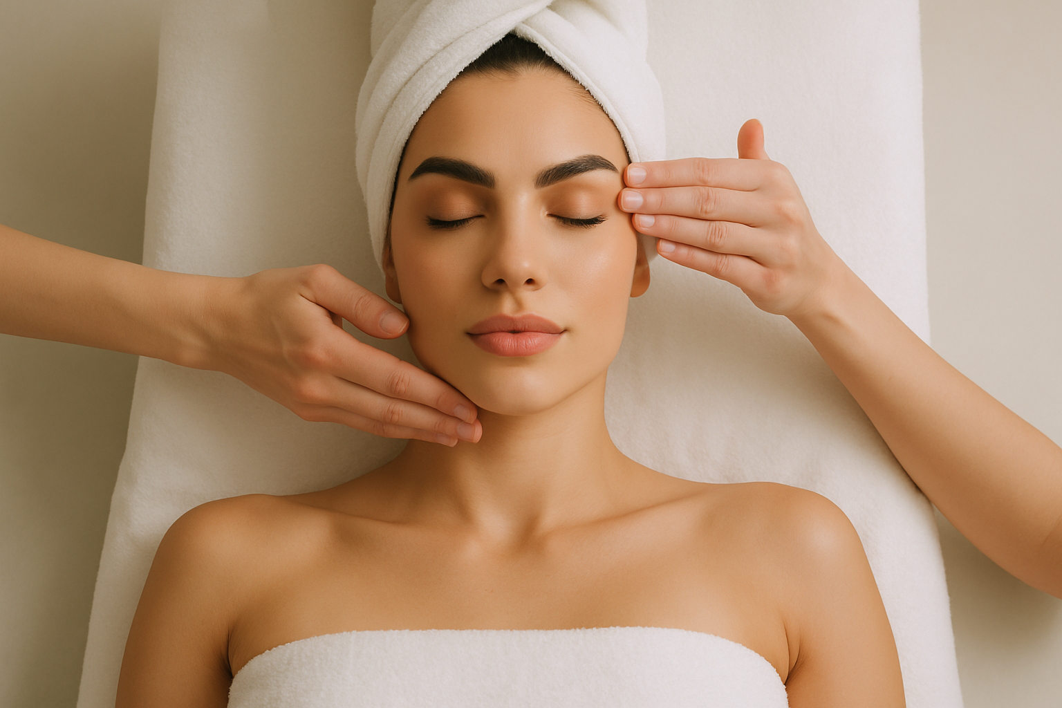 woman getting a relaxing facial, stunning features, bold brows and lips, minimal plain background, lying down on a massage bed, photograph top down